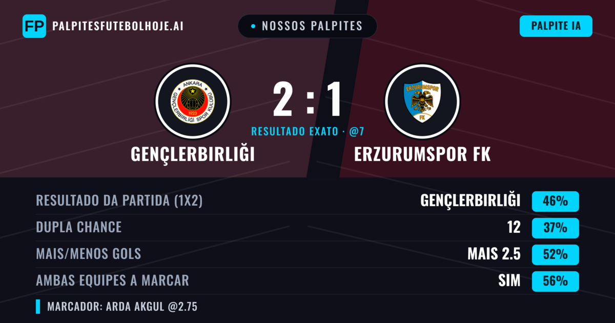 Nossos palpites: Gençlerbirliği vs Erzurumspor FK — Gençlerbirliği — Vencer (48%); Menos 2.5; Ambos marcam: Não