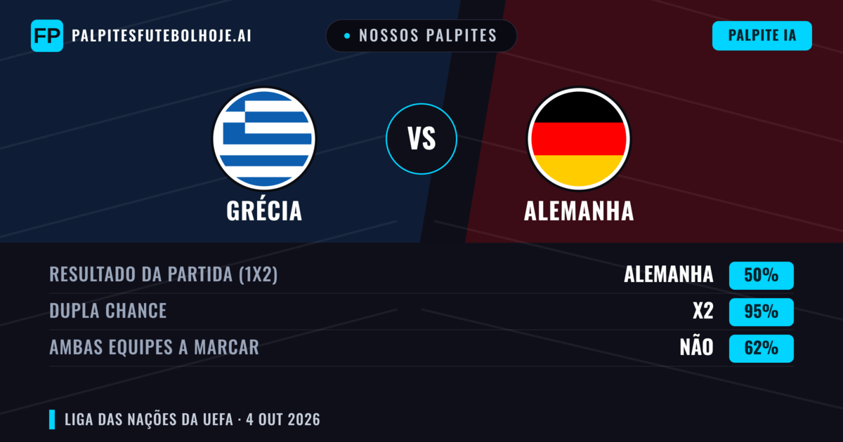 Nossos palpites: Grécia vs Alemanha — Alemanha — Vencer (52%); Mais 2.5; Ambos marcam: Sim