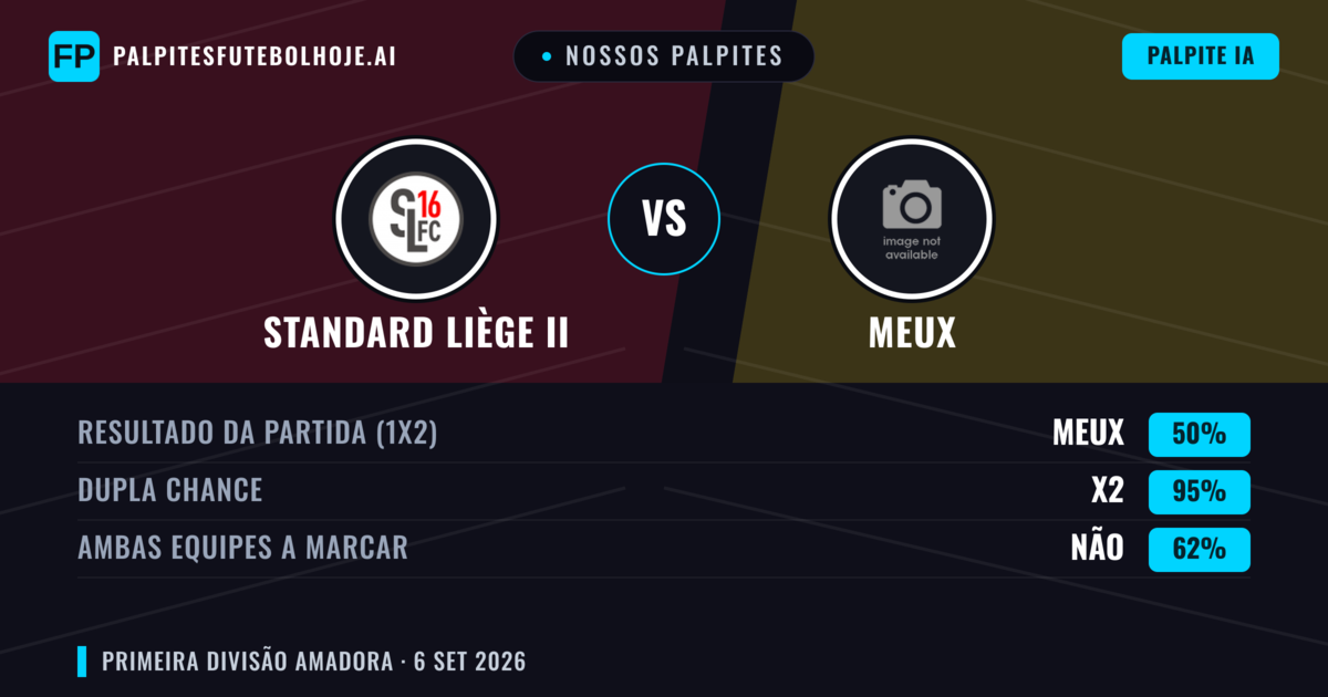 Nossos palpites: Standard Liège II vs Meux — Empate (50%); Ambos marcam: Não