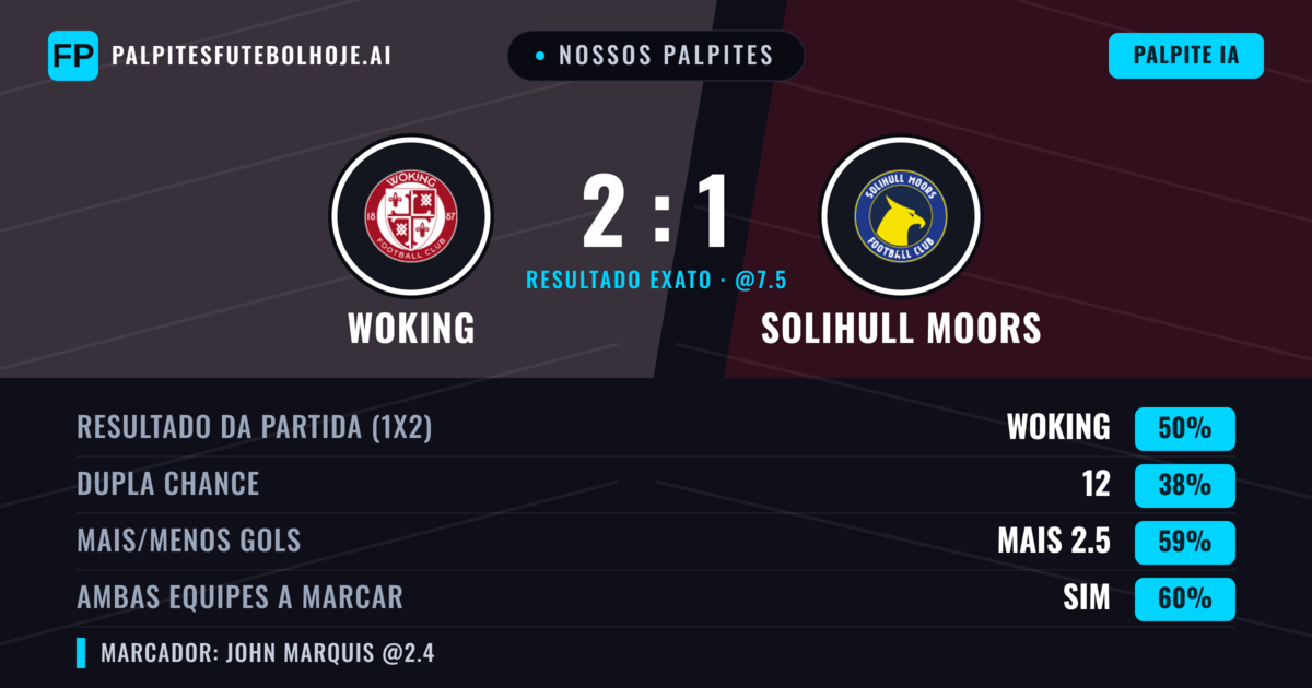 Nossos palpites: Woking vs Solihull Moors — Woking — Vencer (50%); Mais 2.5; Ambos marcam: Sim