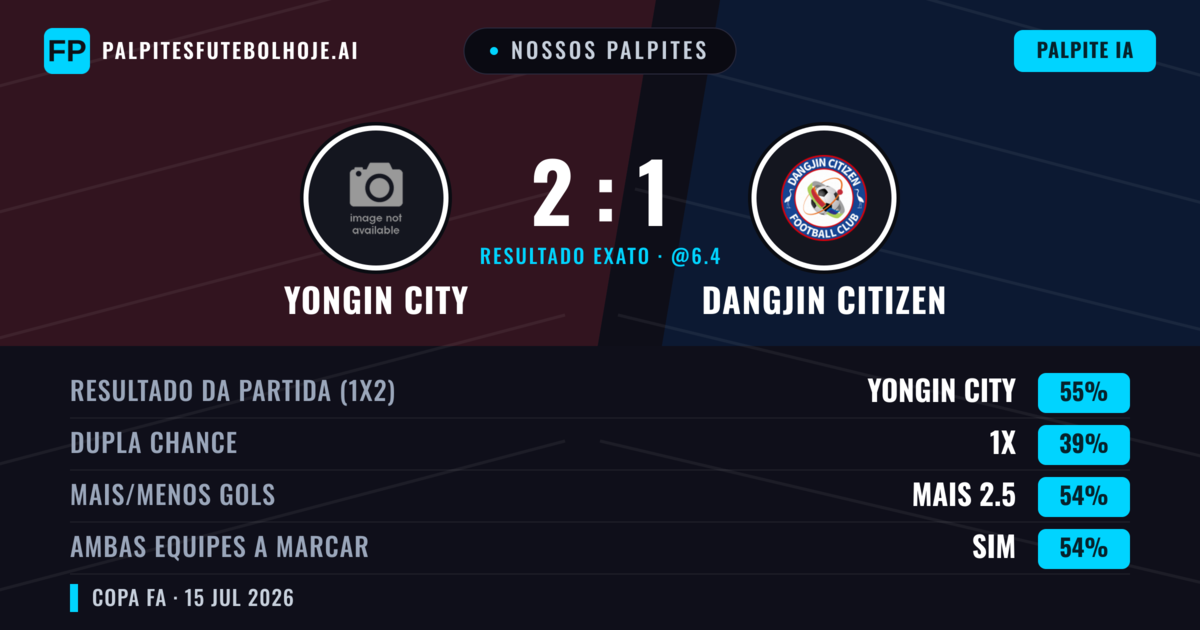 Nossos palpites: Yongin City vs Dangjin Citizen — Yongin City — Vencer (55%); Mais 2.5; Ambos marcam: Sim